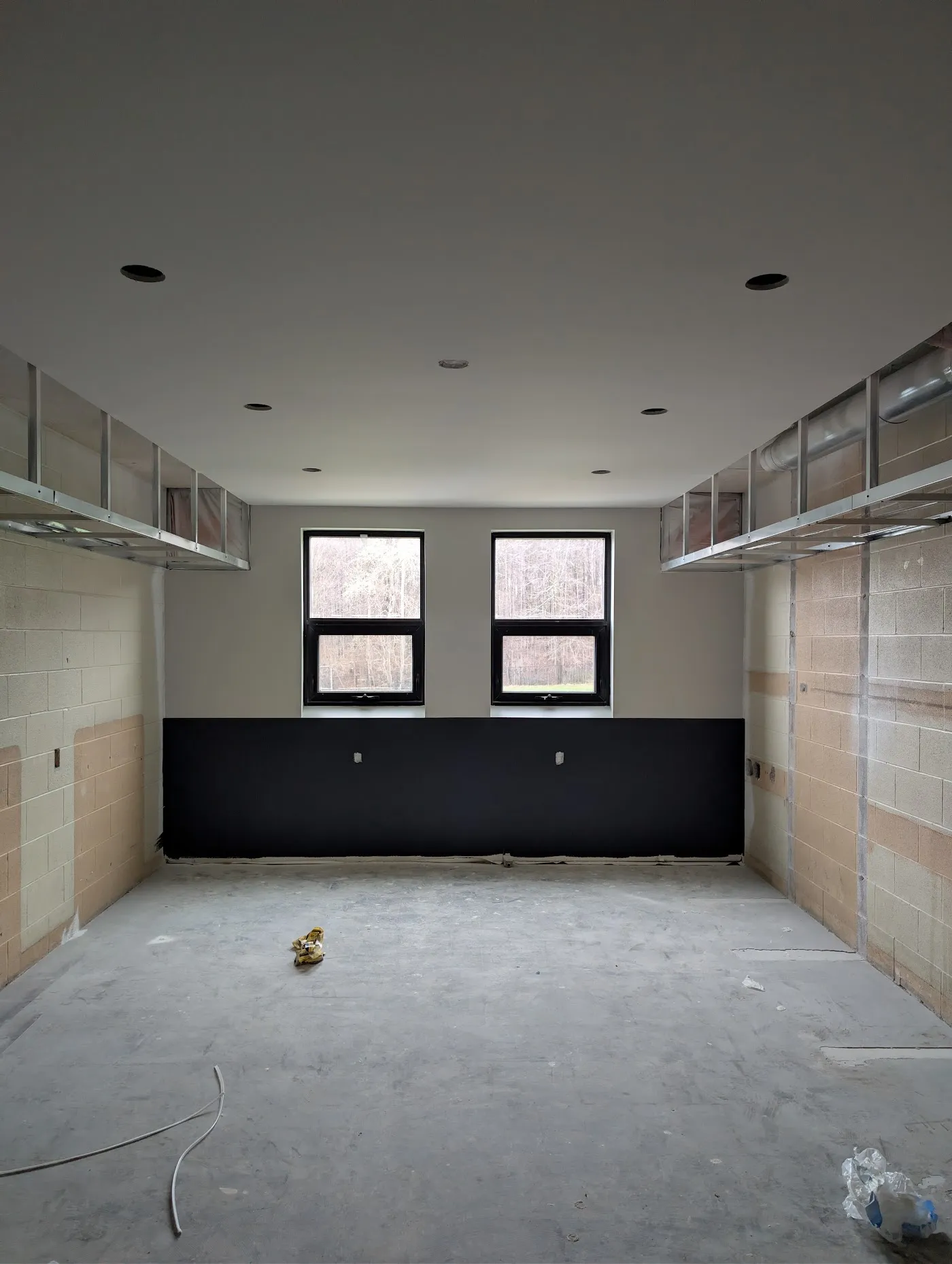 Living space finished with a bold dark accent wall